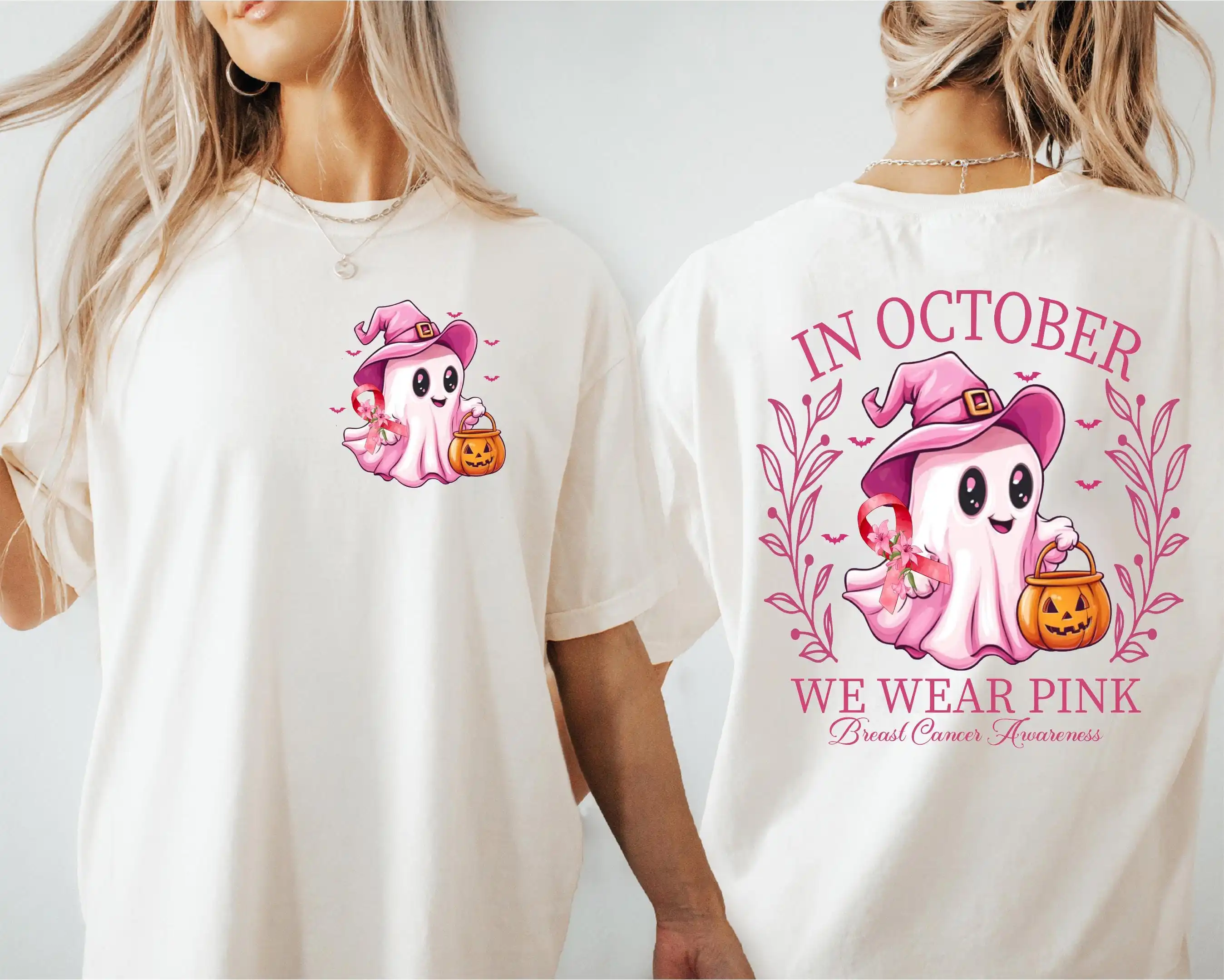 In October We Wear Pink T Shirt Breast Cancer Awareness Halloween Support Ghost Sweat