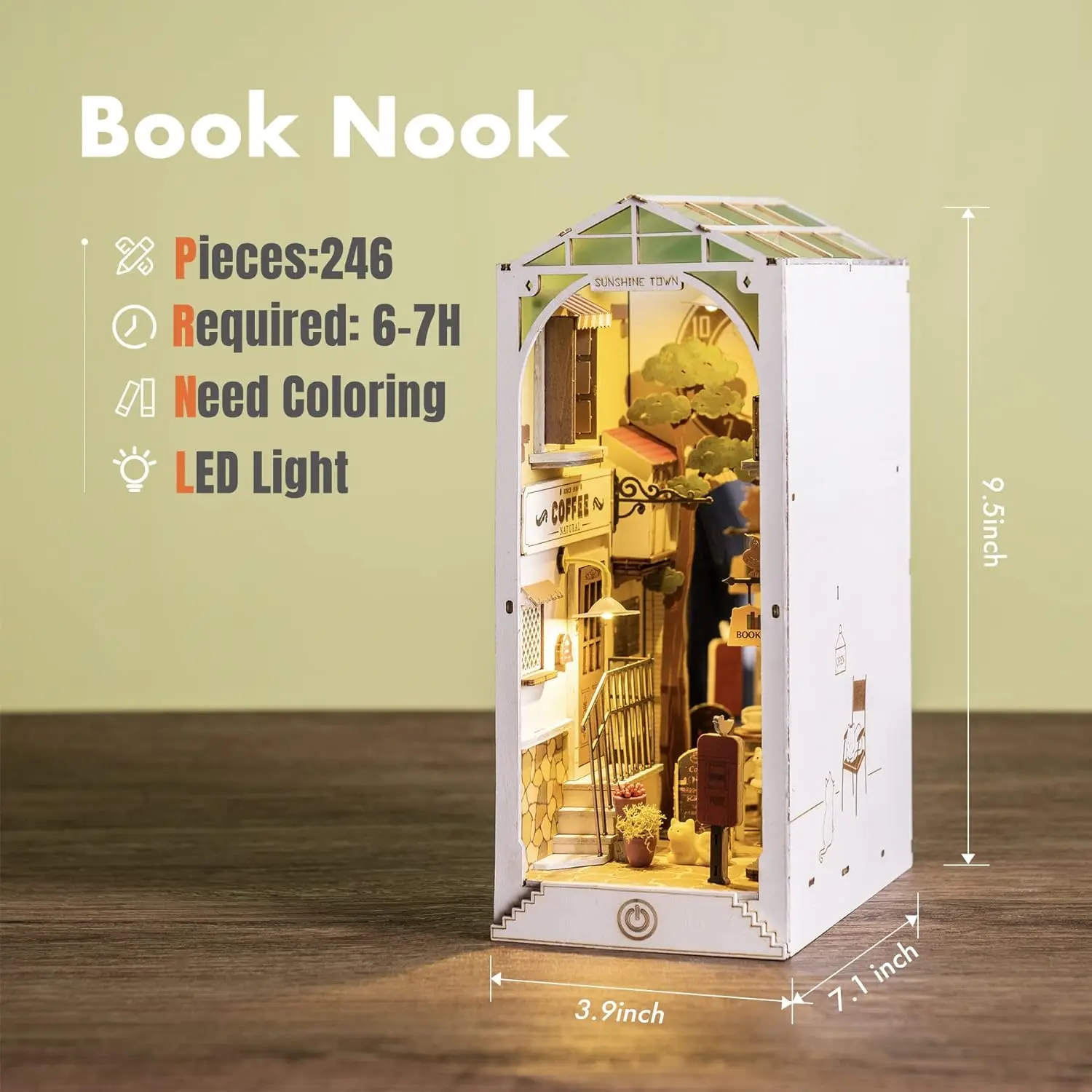 Robotime Rolife Wooden Puzzle Sunshine Town DIY Dollhouse Book Nook with LED Light for Bookshelf Insert Decor - TGB02