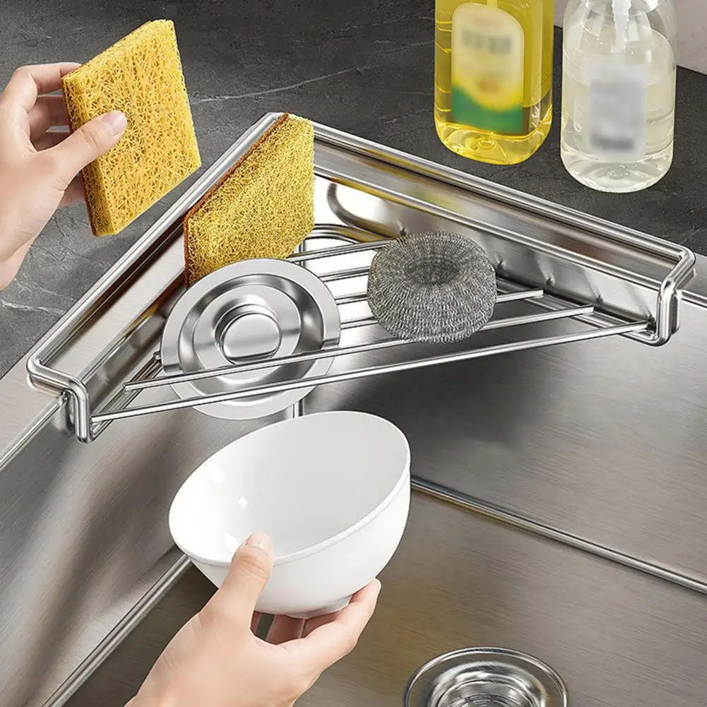 Compact Kitchen Sink Tray Corner Sink Stainless Steel Shelf Triangular Wire Rack Space-saving Kitchen Utensil Drying Organizer
