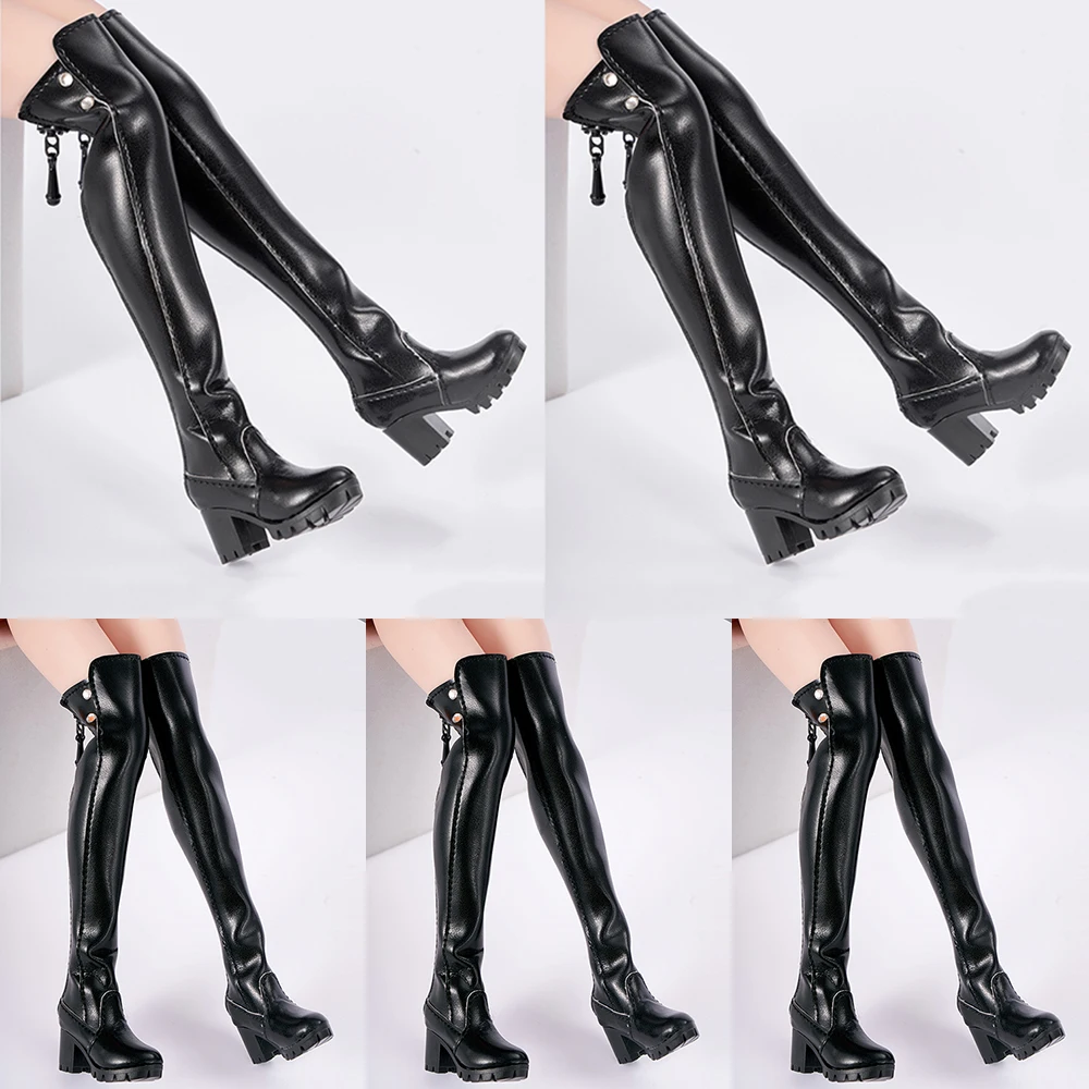 

1/6 Women Soldier Boots Pu Leather High Boots Gothic High Heel Motorcycle Long Boots Street Black Shoes For 12" Action Figure