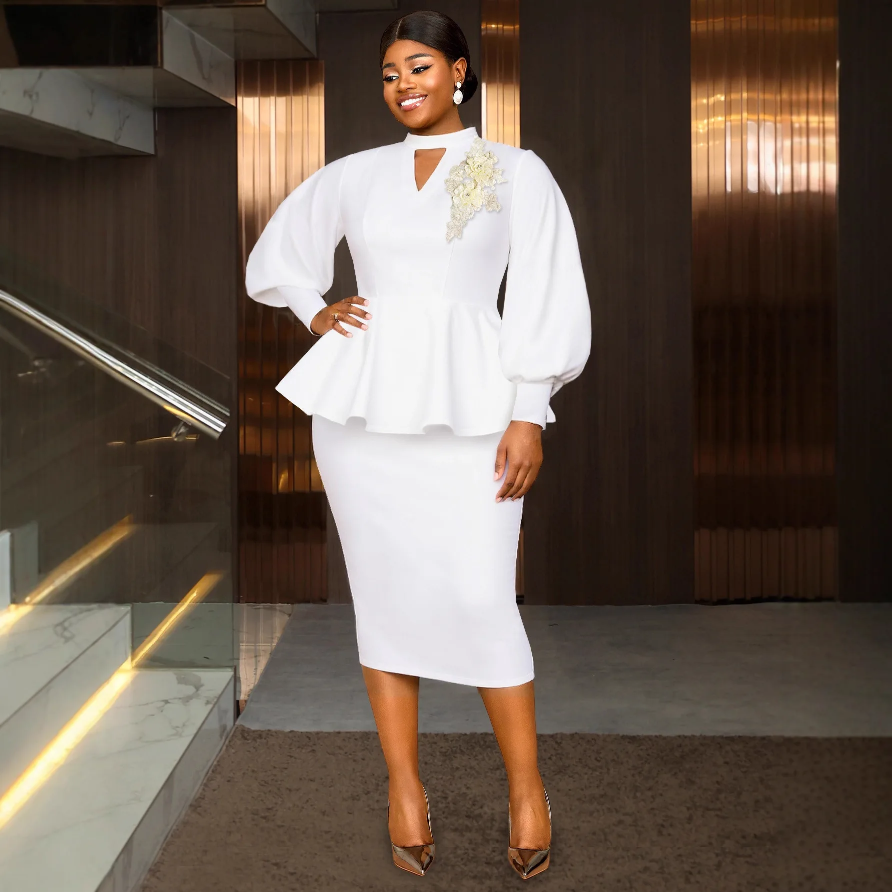 Plus Size Women's Clothing Half High Collar Hollow Out Puff Sleeve Ruffled Top Party Elegant Dress Elegantes Casual Y2K