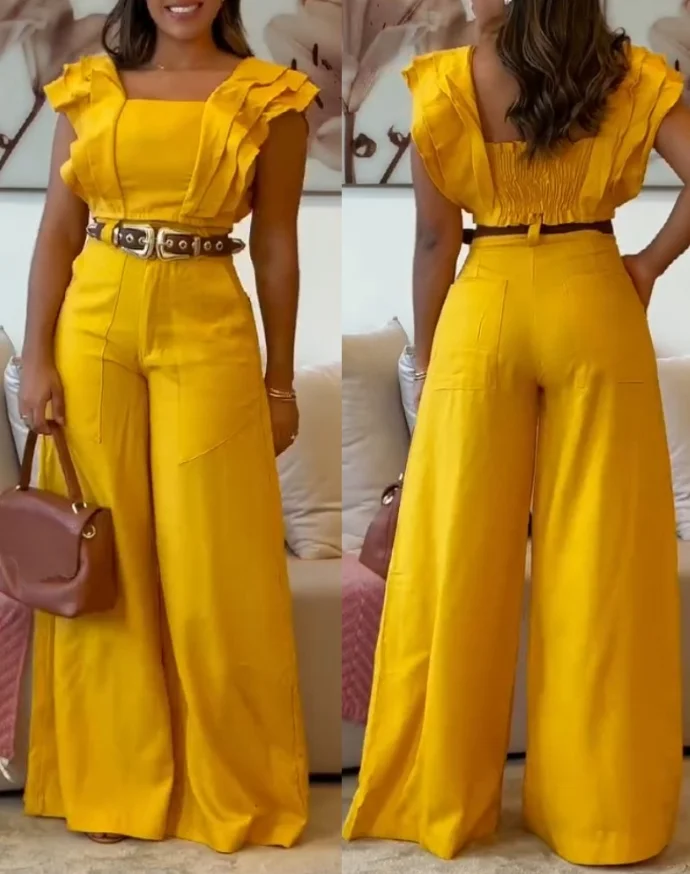 

Two Piece Set Women Outfit 2025 Spring Sqaure Neck Flutter Sleeve Shirred Crop Top & High Waist Wide Leg Pants Elegant Pants Set