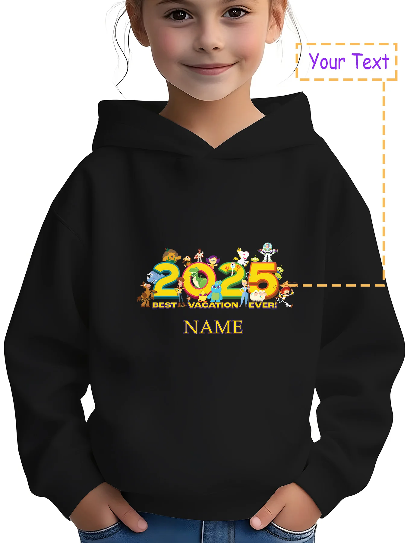 

MINISO 2025 Disney Vacation Hoodie - 2025 vacation theme, surrounded by Toy Story characters, perfect for family travel and them