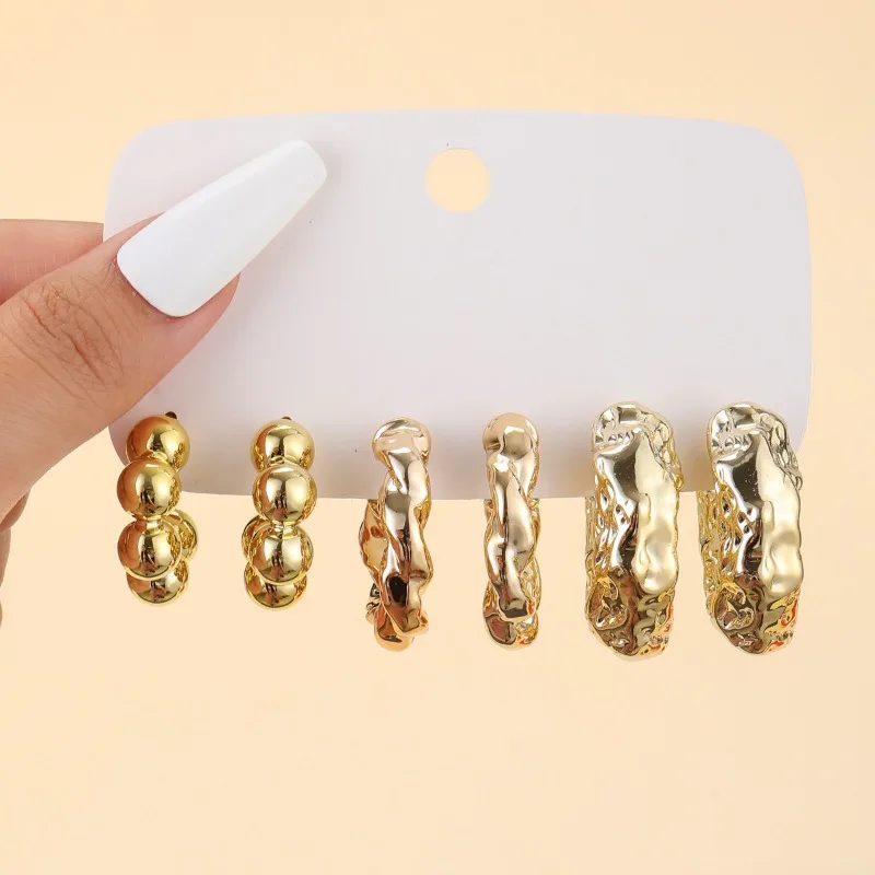 12pcs Fashionable and Simple Temperament C-shaped Water Droplet Large Light Surface Bean Irregular Versatile High-end Earrings