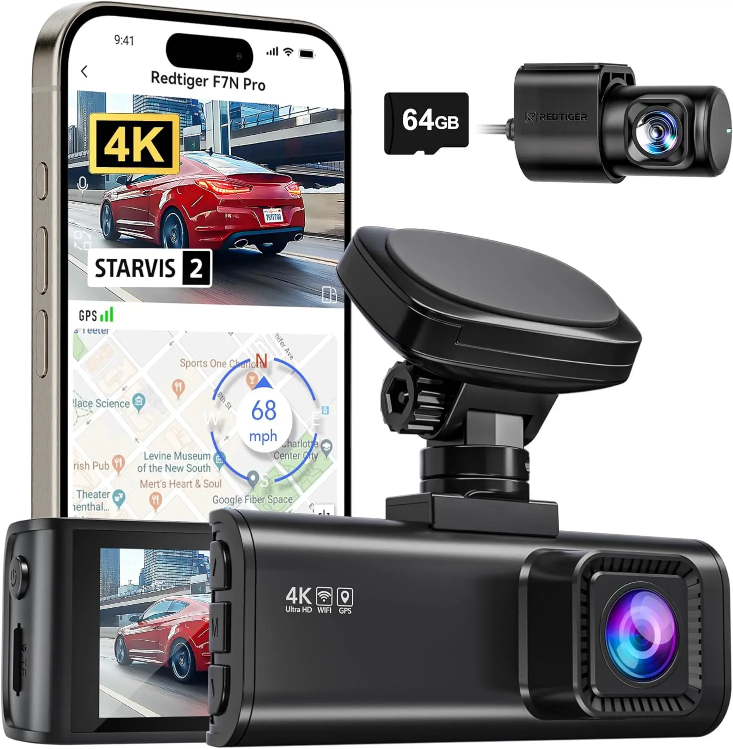 4K Dash Cam Front and Rear, STARVIS 2 Sensor, 64GB Card Included, 4K/2.5K+1080P Dual Dash Camera for Cars Built-in WiFi GPS, 3.1