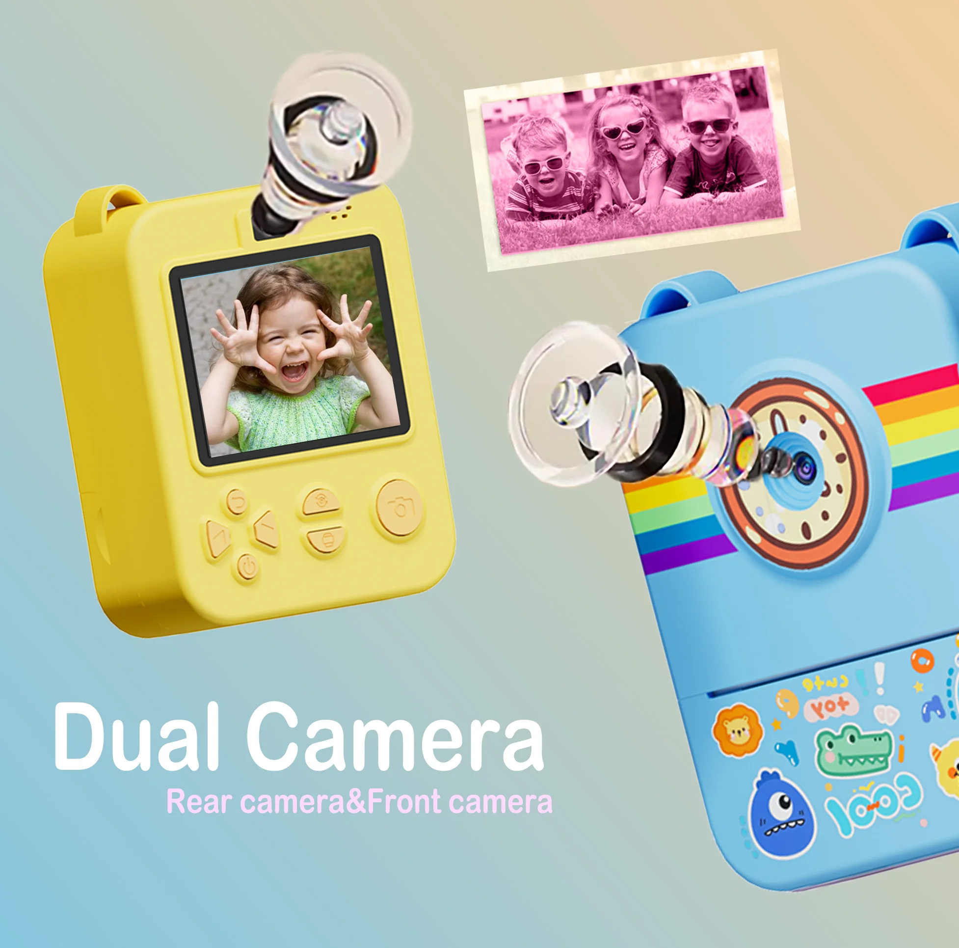 子供向け印刷可能カメラ、カラーとモノクロの紙、写真とビデオとゲーム、デュアルカメラ、フラッシュ、男の子と女の子への完璧な贈り物