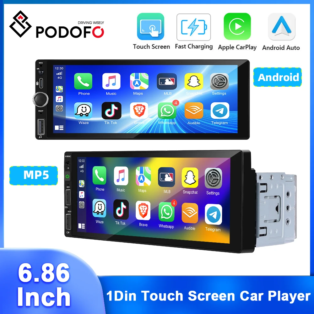 

Podofo 6.86'' 1Din Android Car Radio Carplay Android Auto 2+64G Multimedia Player 1Din MP5 Player Mirror Link WIFI Car Stereo