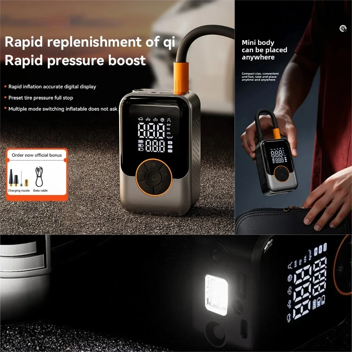 

Портативный воздушный насос, беспроводной автомобильный насос для накачивания шин, электрический воздушный компрессор, ЖК-дисплей, воздушный инжектор для велосипеда, автомобиля, мотоцикла, шарик для шин