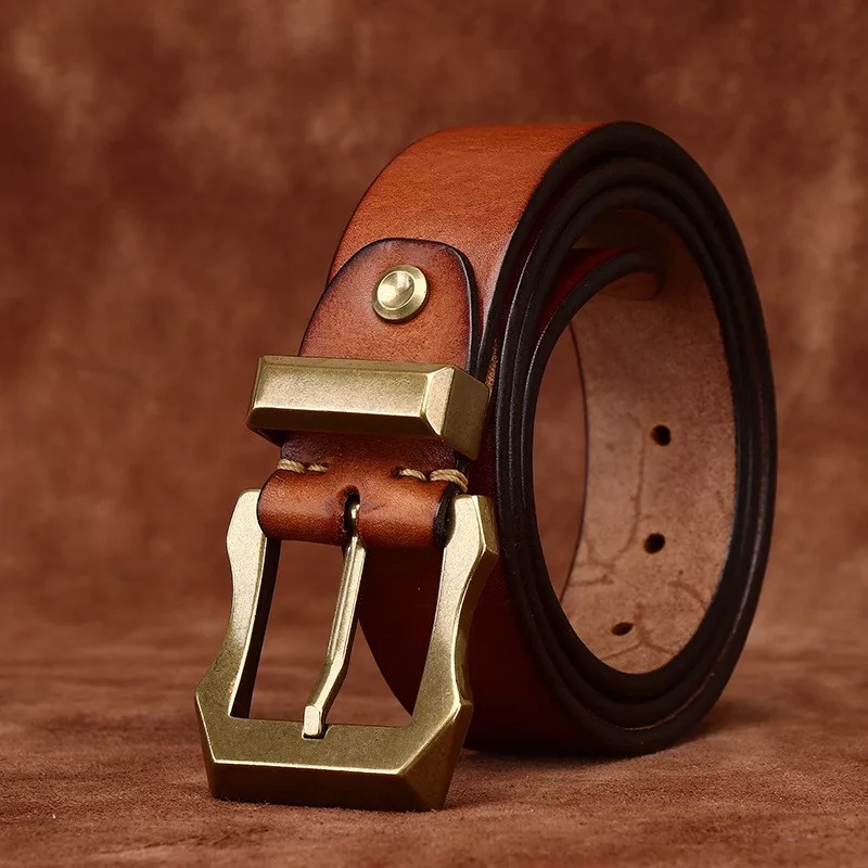 Rugged thickened smooth top layer leather men's belt guy copper waist