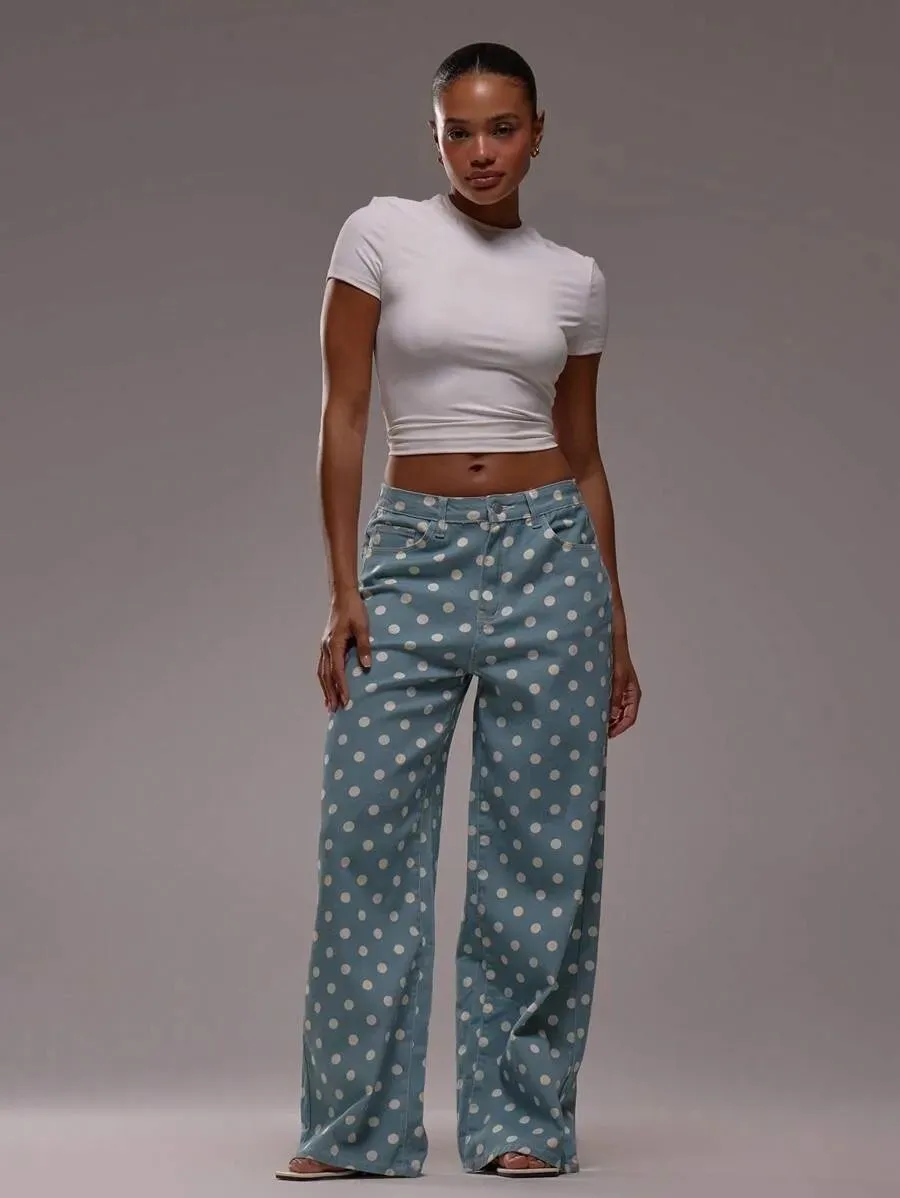 

Barrel Jeans for Women Polka Dots Print High Waist Wide Leg Mom Jeans Vintage Boyfriend Denim Pants Streetwear