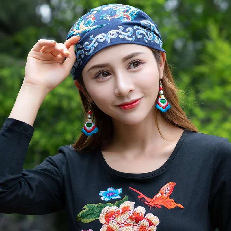 Mexican Style Embroidery Ethnic Vintage Black Blue Red Rose Beading Bandanas Women Winter Original Hippie Hat Skullies