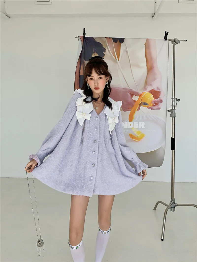 SuperAen Korean Style Sweet Spliced Peter Pan Collar A-line Coats Women 2025 Winter New Fashion Design Purple Long-sleeved Coats