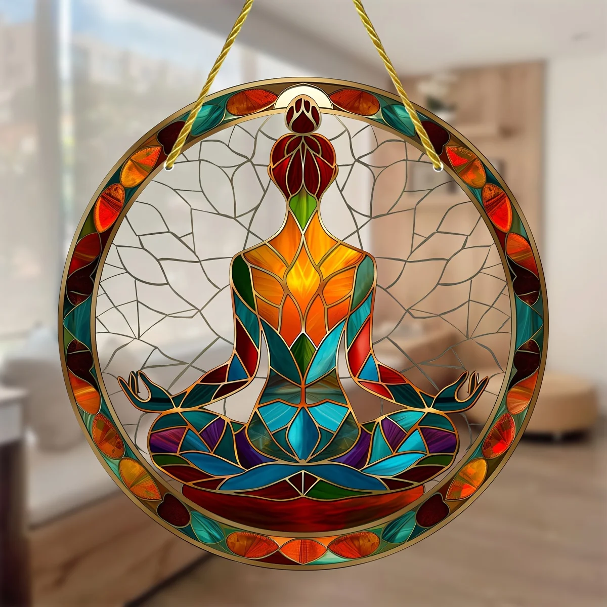 Yoga Symbol Stained Glass Suncatcher,Round Acrylic Hanging Decor,Garden,Porch,Window Decoration,Ideal Birthday Gift for Friends
