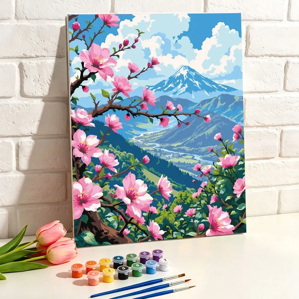Paint By Numbers Sakura Mount Fuji Digital Oil Painting Landscape Flower DIY Kit For Adults Handpainted Holiday Gift