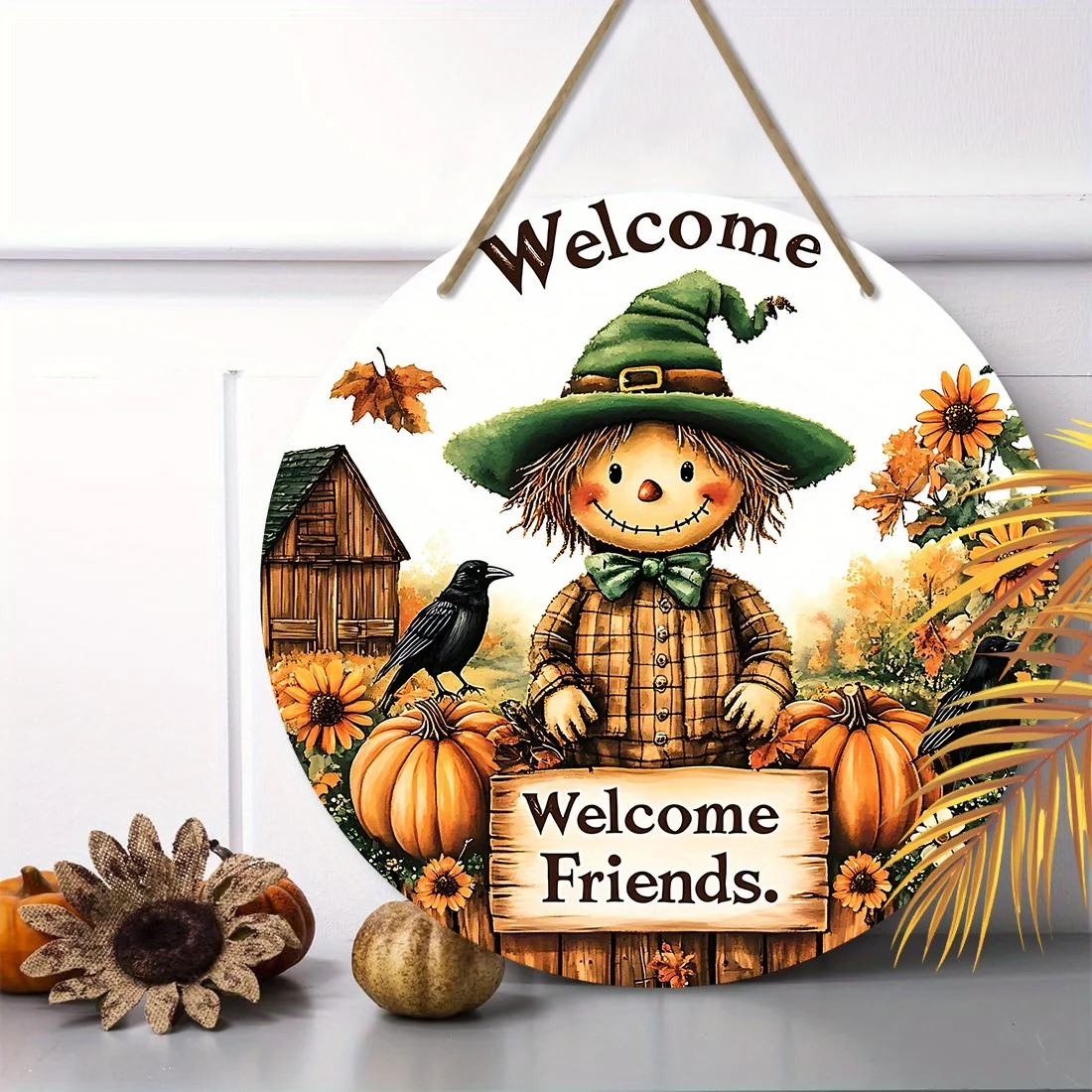 Wooden Sign Featuring a Scarecrow, Pumpkin, And Crow, Perfect for Welcoming Friends During The Autumn Harvest Festival. Ideal fo