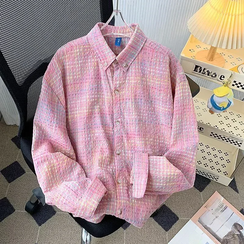 DAYIFUN Girl's Pink Plaid Versatile Shirt American Summer/Autumn Loose Ladies' Long Sleeve Blouse Daily Vintage Casual Plaid Top