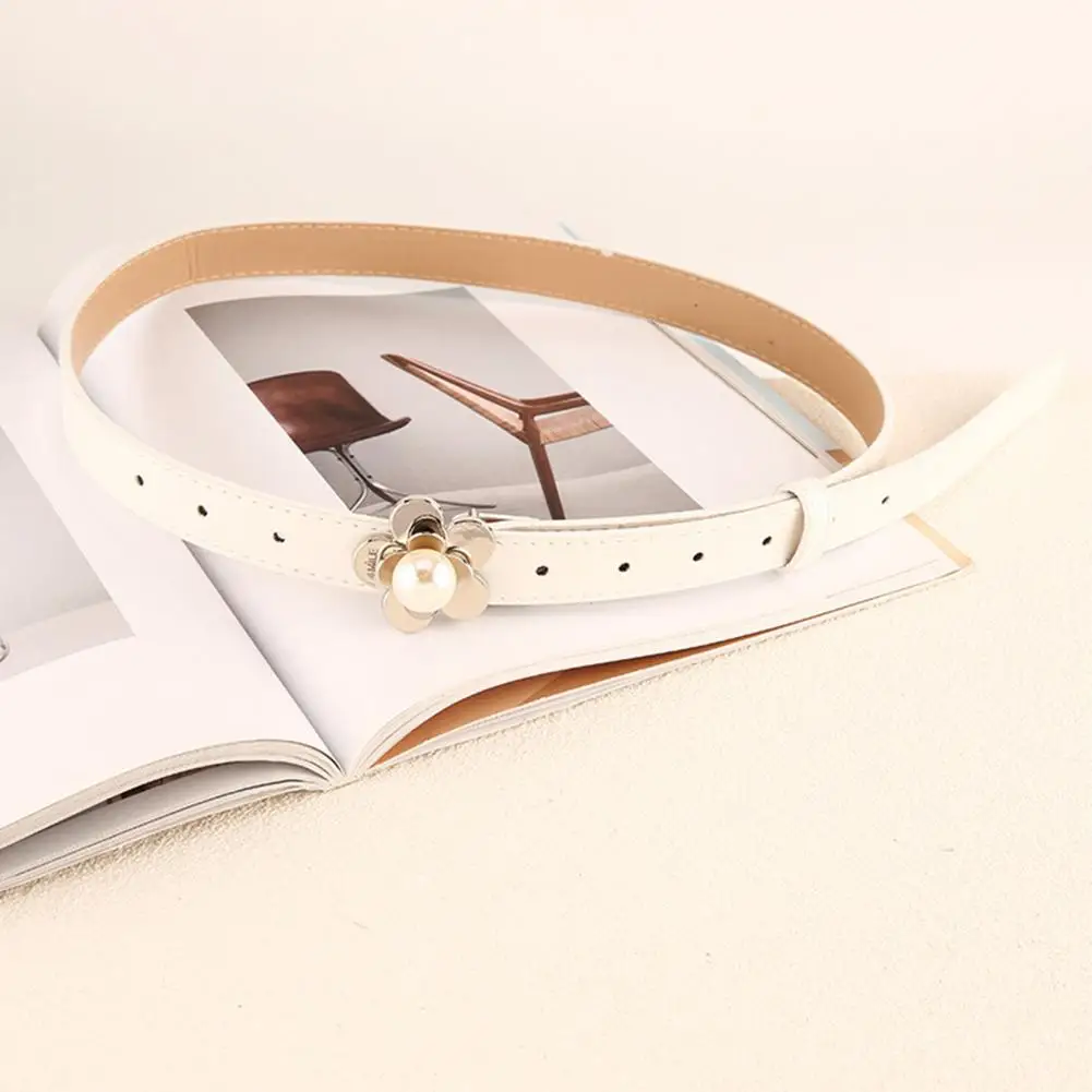 Adjustable Multi Holes Fitted Jeans Belt Faux Leather Metal Flower Fake Pearl Buckle Women Thin Belt Clothes Ornament