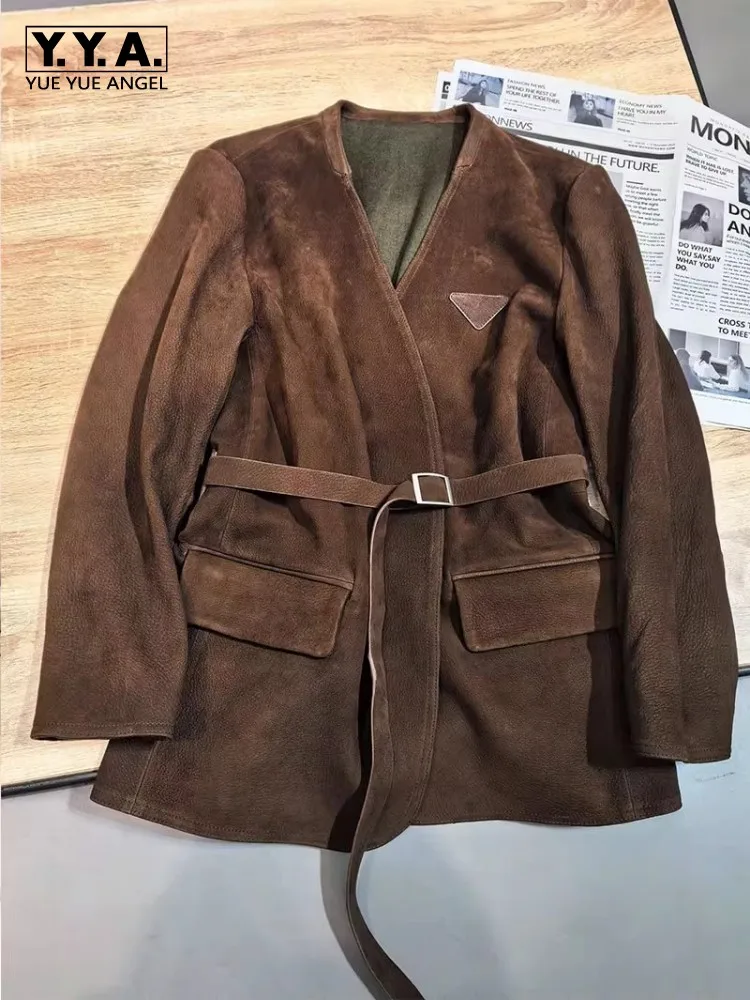 Chaqueta Vintage de cuero genuino para mujer, fajas Reversibles con cuello en V, chaquetas de traje elegantes, prendas de vestir medio largas de piel de oveja de ante de alta calidad