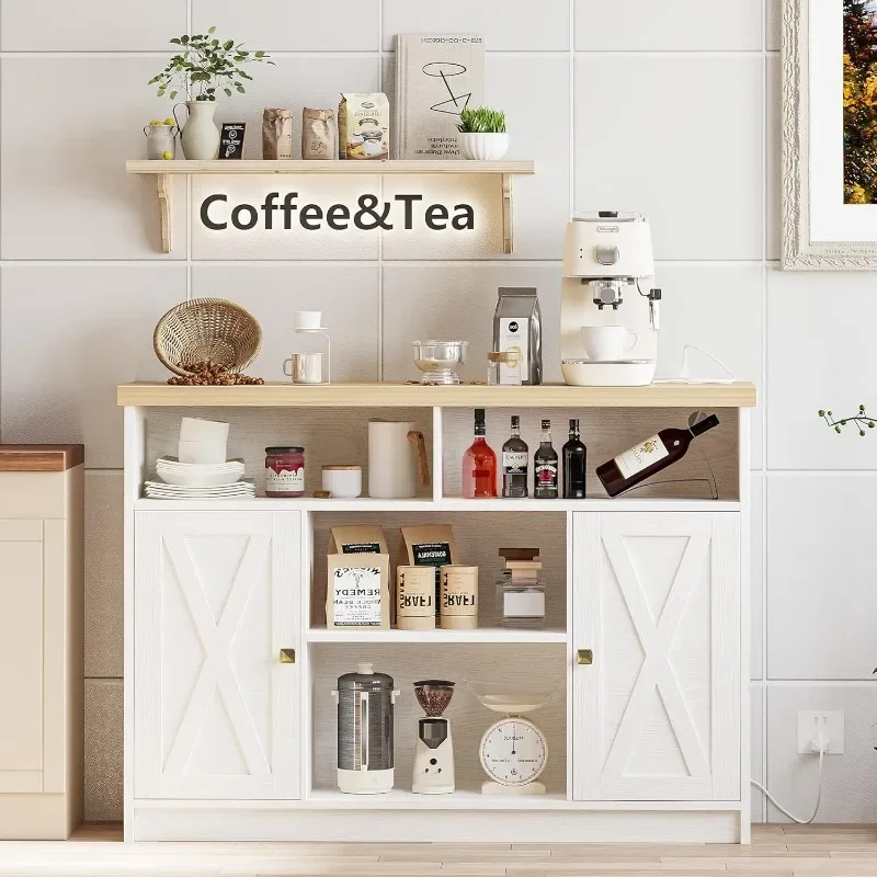 Coffee Bar Cabinet with Power Strip, 47” Storage Cabinet with Barn Doors and Thickened Top Board, White Sideboard