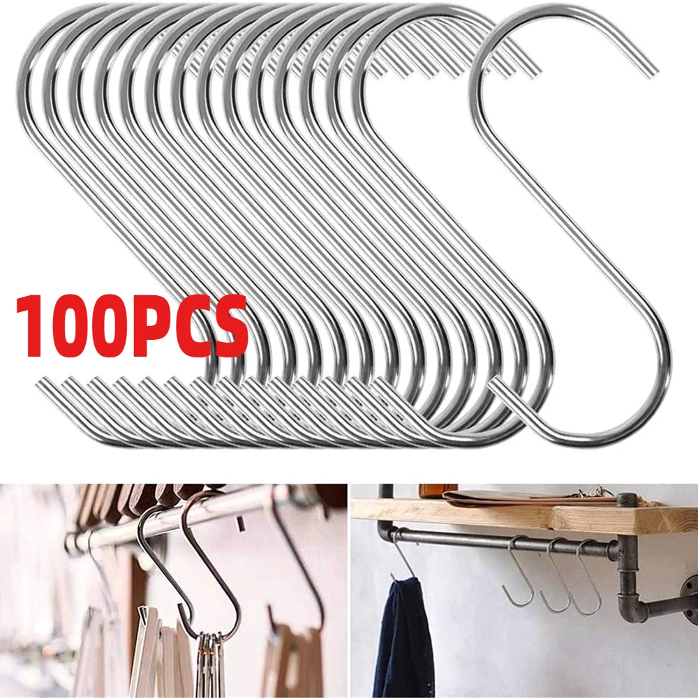 10-100pcs Stainless Steel S-Shape Hooks Multi-function Hanging Hook for Clothes Bags Towel Kitchen Bathroom Storage Rack Holders