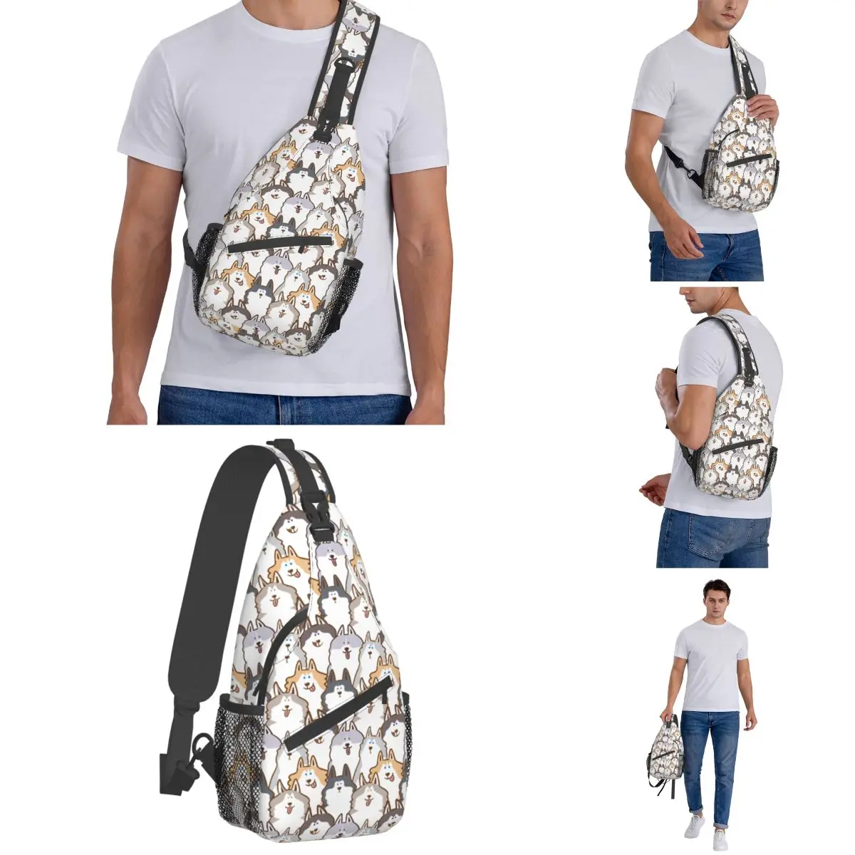 Schattige Cartoon Siberische Husky Hond Sling Tassen Borst Crossbody Schouder Sling Rugzak Outdoor Wandelen Dagrugzakken Mannen Vrouwen Pack