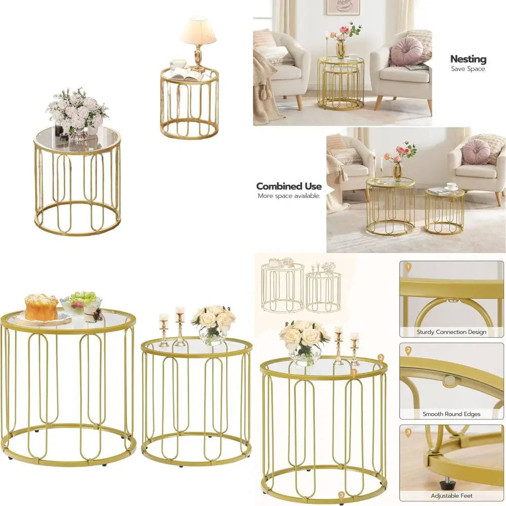 

Pair of Gold Metal Frame Coffee Tables with Round Tempered Glass Tops for Living Room and Bedroom