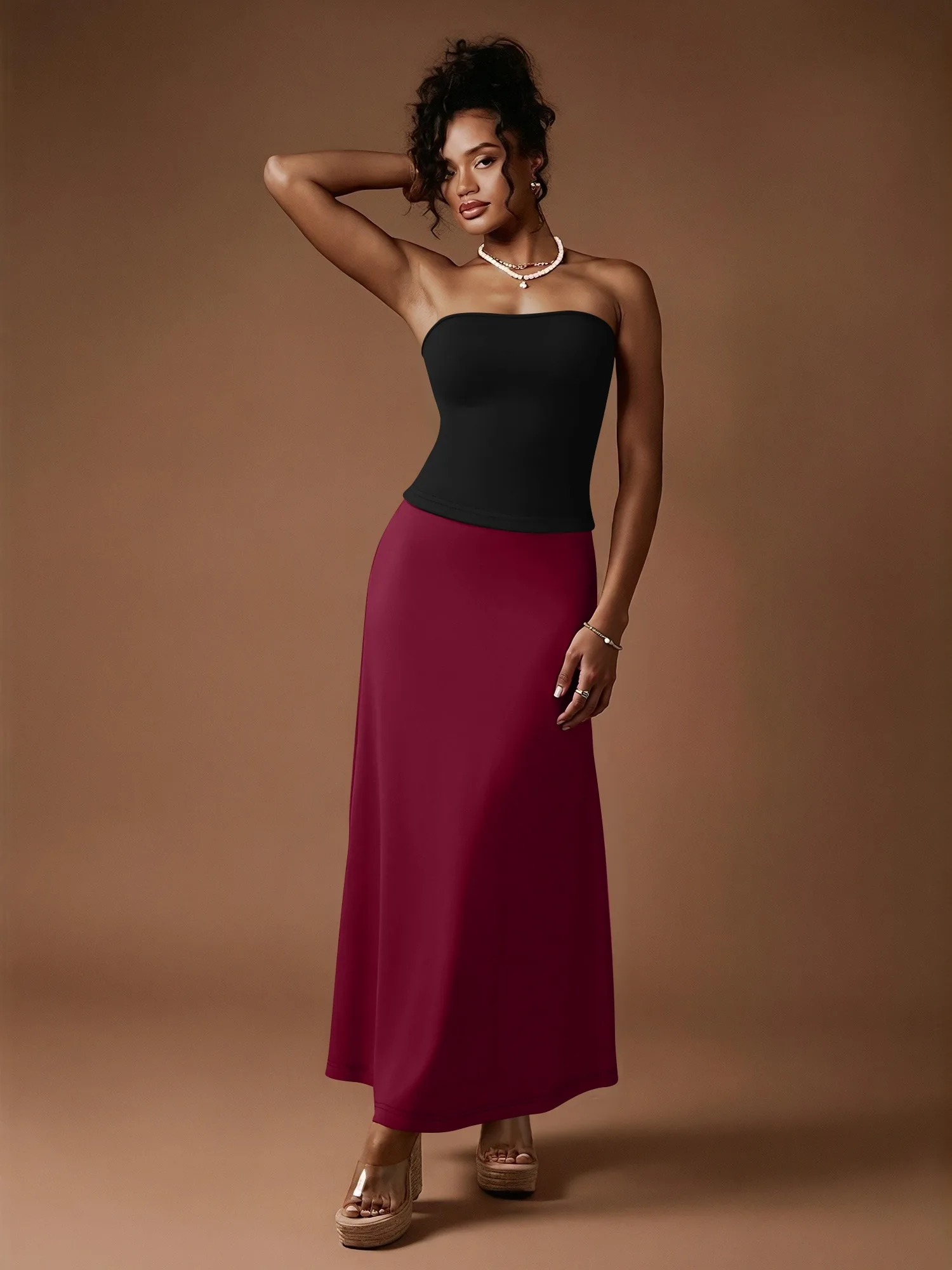 

Chic Bandeau Top & Mermaid Skirt Two Piece Outfit, Sleeveless Solid Color Slim Dress Set for Cocktail Night Gathering