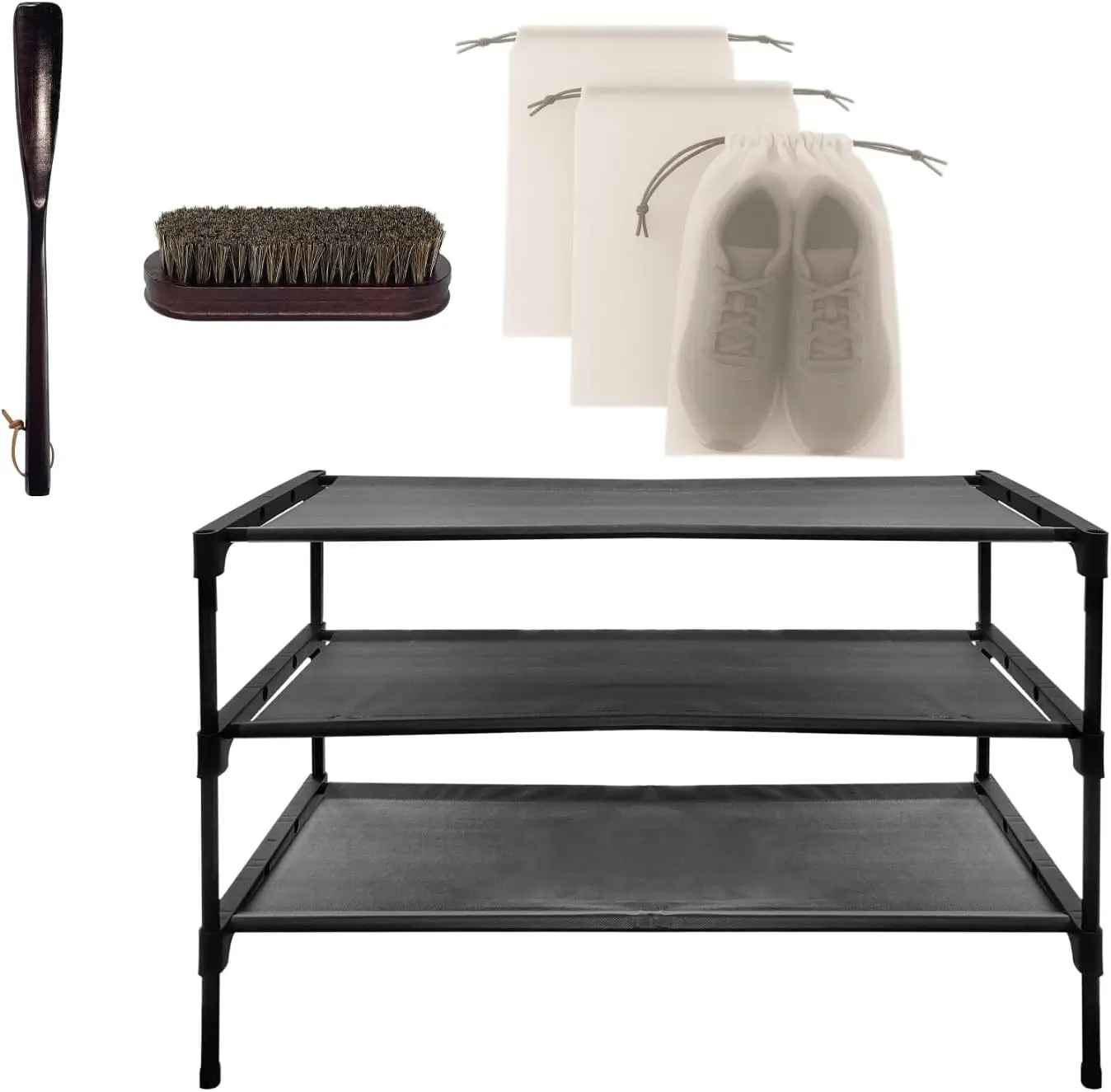 

3-Tier Shoe Rack Organizer with Shoe Brush, Horn & Travel Bags for Closet