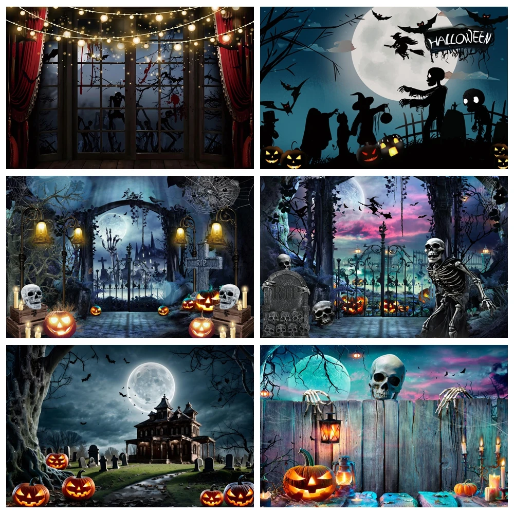 

Happy Halloween Backdrops Orange Moon Pumpkin Lantern Castle Cemetery Birthday Party Photography Background Decor Photo Studio