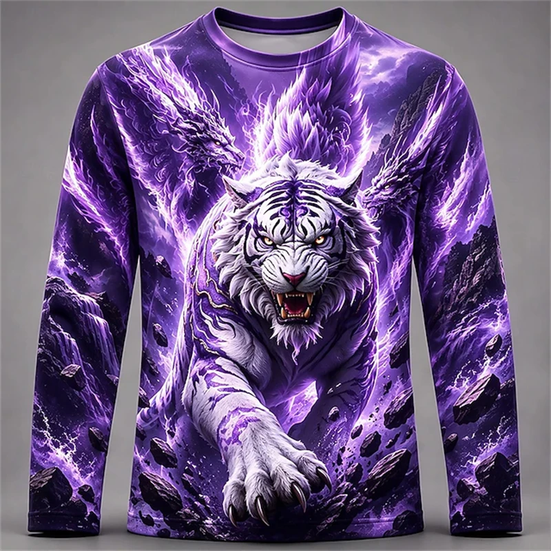 New Men's Long-Sleeve T-Shirt with Fierce Tiger Print Casual Slightly Stretchy Breathable Long-Sleeve Top with Street Style