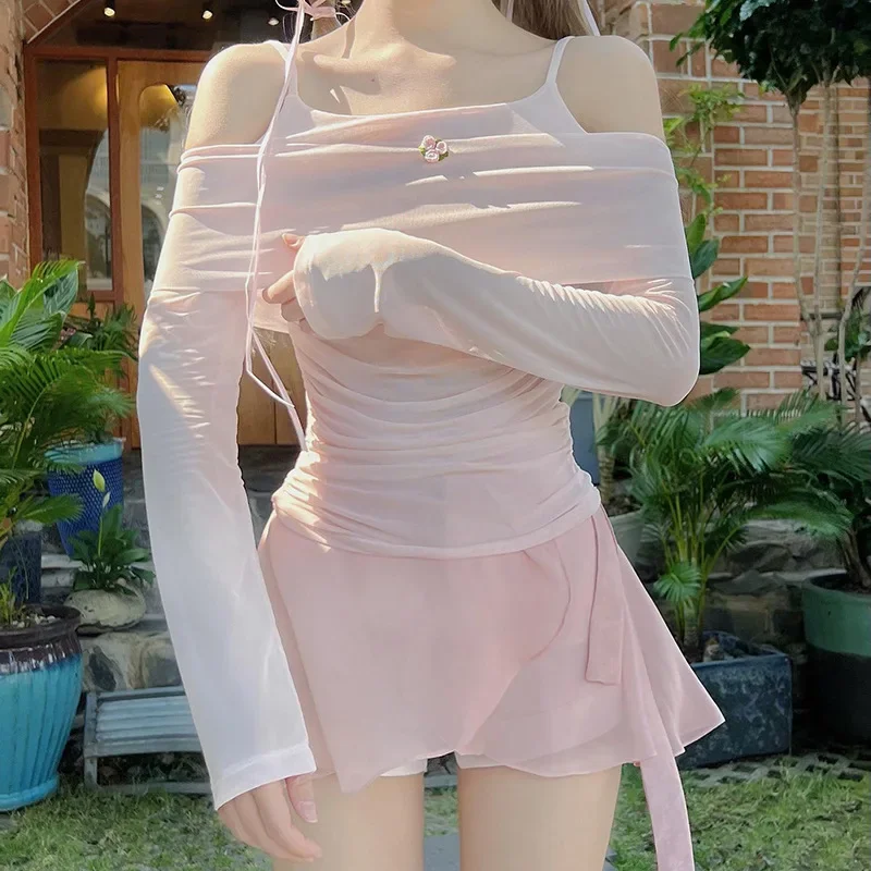 Pink Two Piece Tops Women Summer Long Sleeve Cute Mesh T-shirt for Sweet Girls Kawaii Clothes