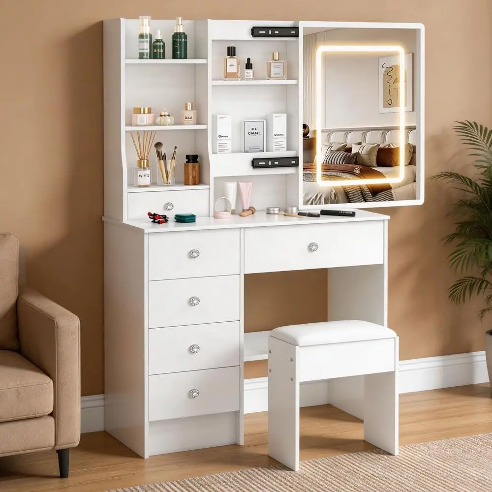 

Small Vanity Desk with Mirror and LED Lights, Makeup Vanity with Ders & Shelves, 3 Light es Adjustable, Vanity Table Set with Li