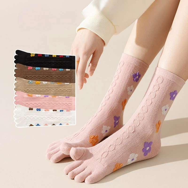 5 pairs of women's midsole spring summer thin cotton socks breathable sweat absorbing cute small flower toe women's socks