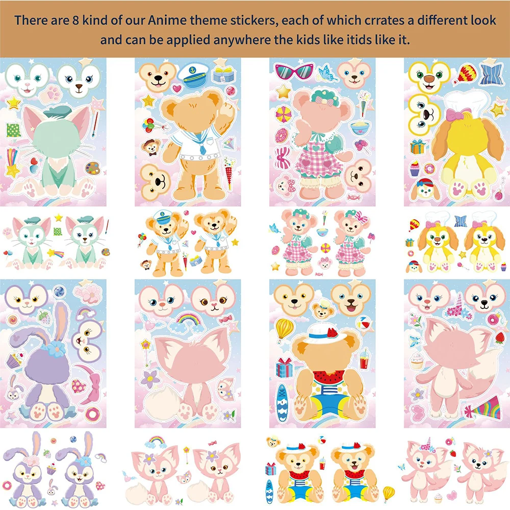 8/16Sheets Disney Cute Duffy LinaBell Puzzle Stickers Make a Face Create Your Own Kids Toy Assemble Jigsaw Children Party Game