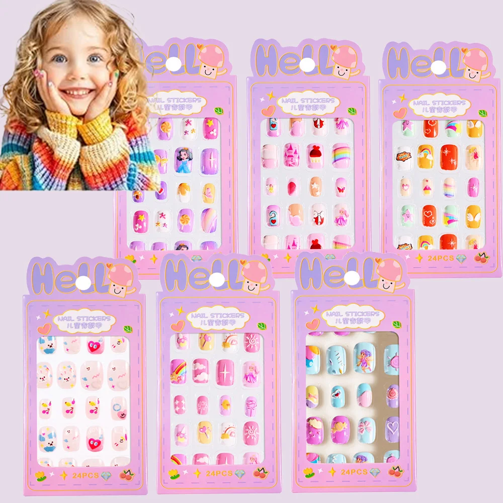 24 Pcs Press on Nails Grils - Candy Child Nail Tips Kids False Nail Cartoon Artificial Full Cover Short acrilico False Nail & Tool