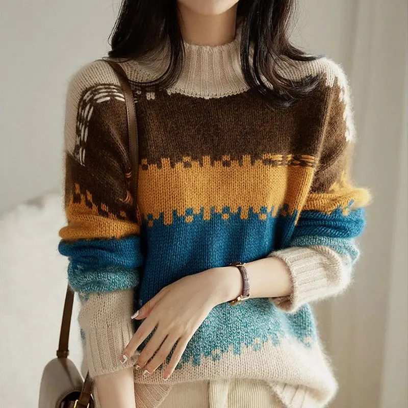 Korean Color Striped Knitted Jumpers Autumn Winter Long Sleeve Female Clothing Casual Half High Collar Commute Loose Sweaters