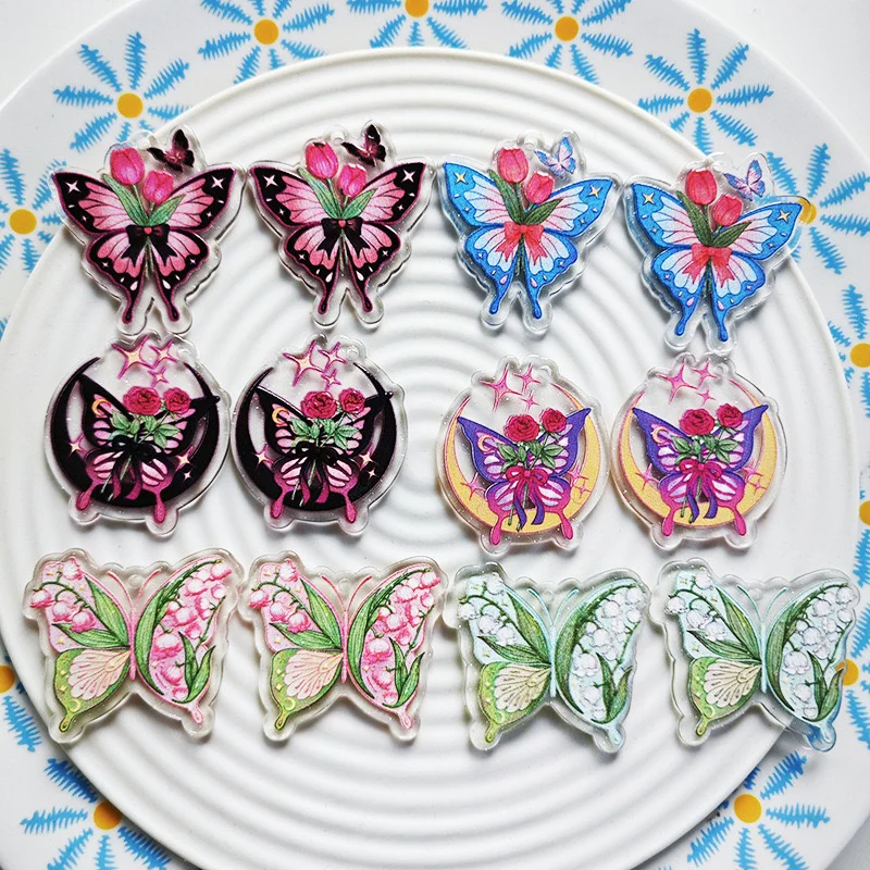 New arrived 50pcs/lot color pattern print animals cartoon butterfly shape acrylic beads diy jewelry earring accessory