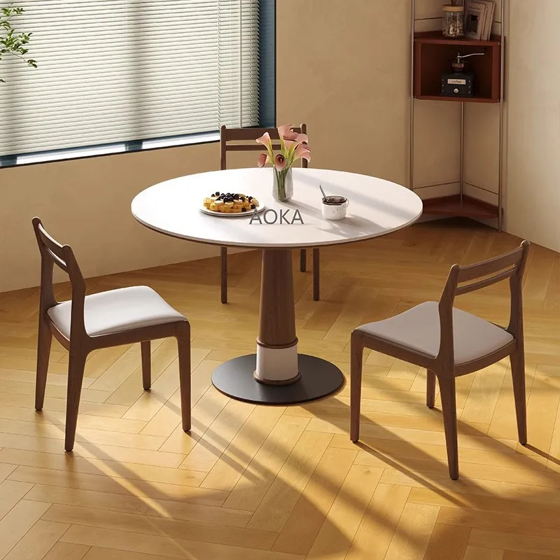 Retro solid wood round table Nordic home small apartment Japanese style walnut dining table round table bamboo dragonfly rock sl