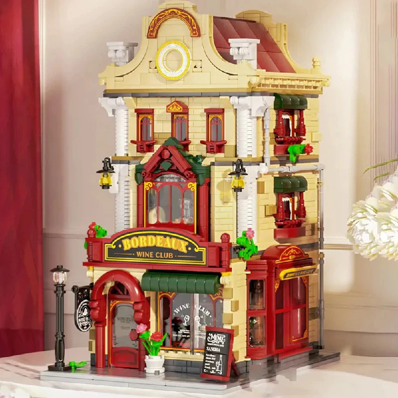Conjuntos de edifícios de casa de clube de vinho, com 1 figura cidade apartamento loja arquitetura kits de modelo de blocos de edifícios modulares, presente 1511 peças
