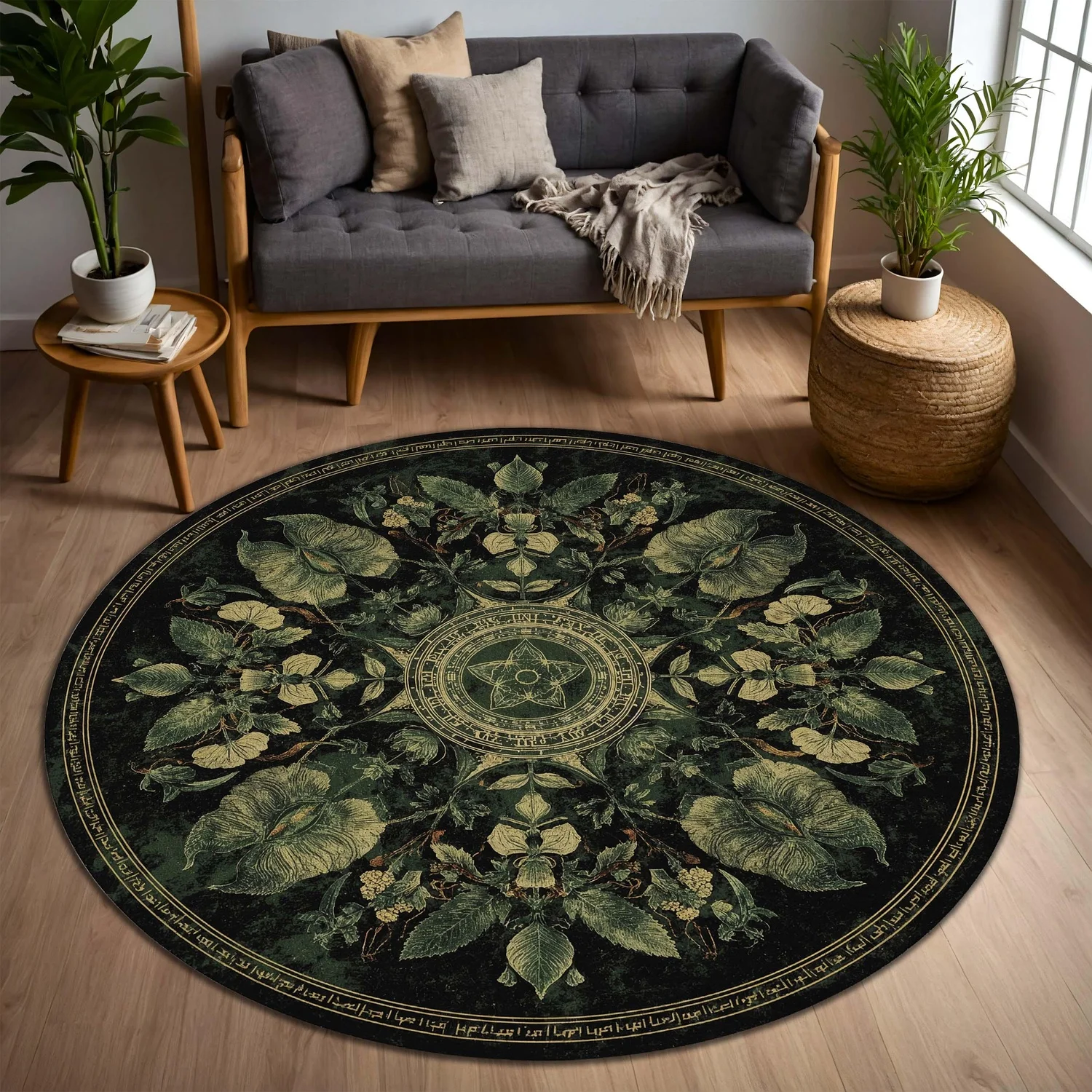 Green Plant Symbol Round Rug, Witch Forest Mandala Round Rug, Dark Academia Style Mysterious Decoration, Pagan Altar Living Room Home Rug