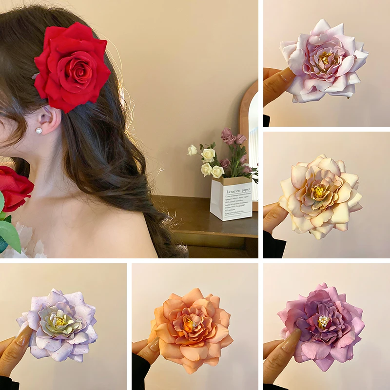 

Super Fairy Gradient Colorful Rose Flowers Fabric Duckbill Hair Clips for Women Fairycore Sweet Bangs Versatile Head Accessories