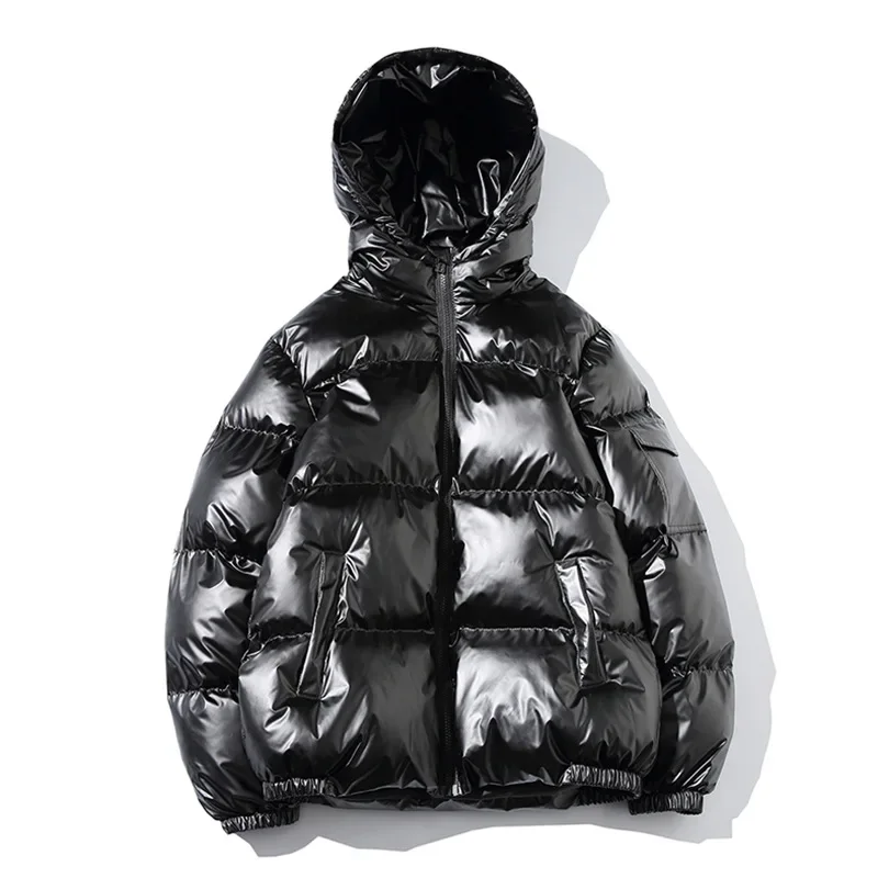 Herren Warm Daunen jacken brandneue Winter glänzend Metallic Silber schwarz Kapuze Parka Outwear Baumwolle gepolsterte Mäntel Herren jacke