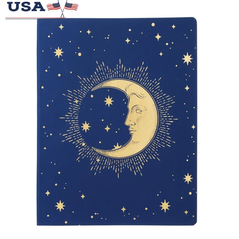 مجلة القمر الكبيرة 11 × 8.5 بوصة 96 ورقة دفتر مسطر لجميع الأعمار من الجلد الأزرق الناعم الذهبي التذهيب قائمة الملاحظات المثالية المجلات