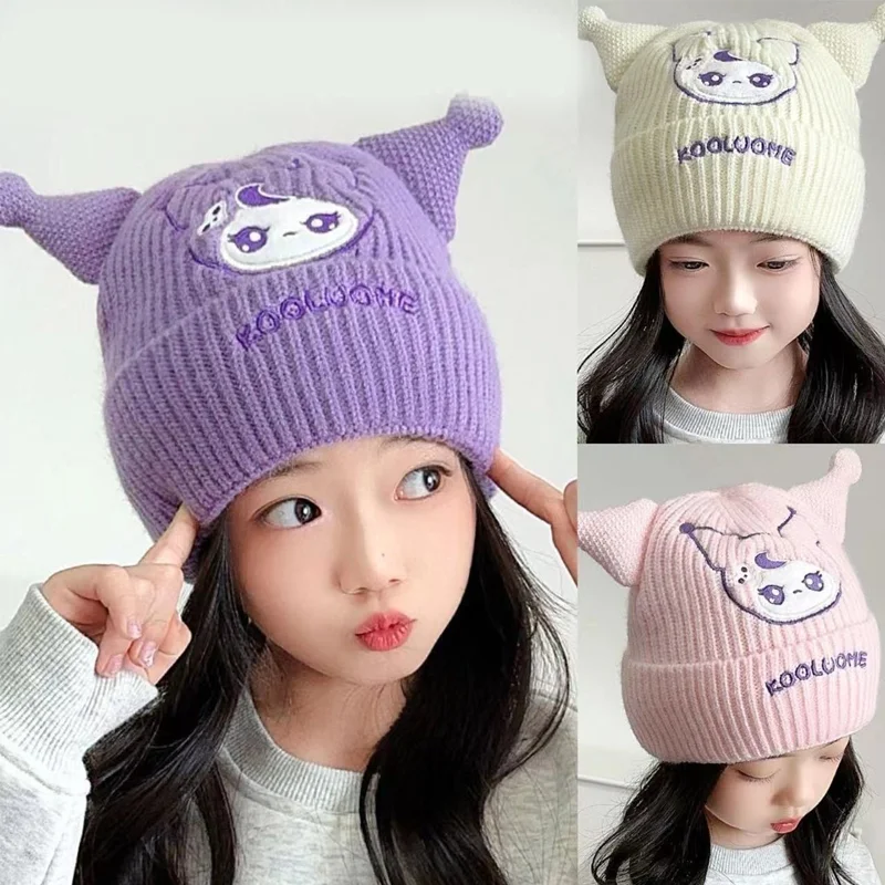 

Sanrio Kuromi Children Woolen Hat Girl Fall Winter Keep Warm Knit Thickening Elastic Kawaii Anime Cartoon Fashion New Style Hat