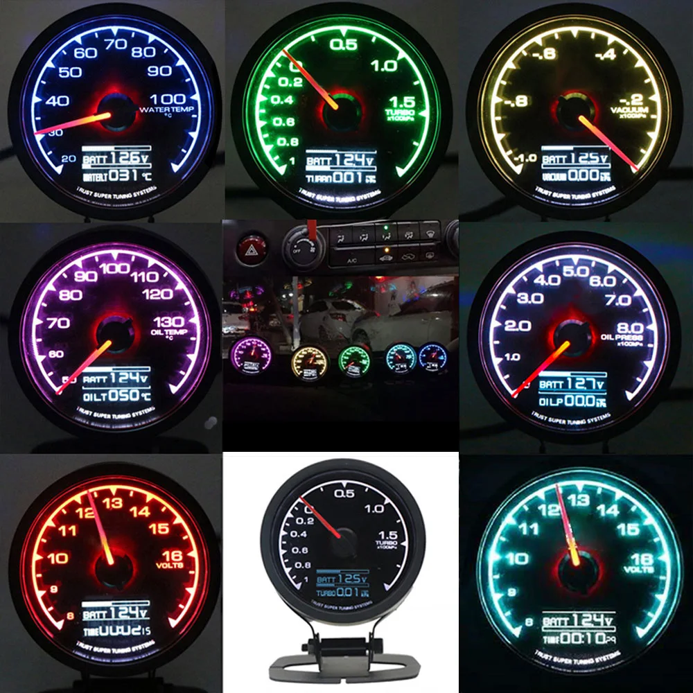 7 Color Turbo Boost Gauge Car Multi LCD Digital Display  Racing Meter GReddi Turbine Water Temp Oil temp Gauge 62mm 2.5 Inch