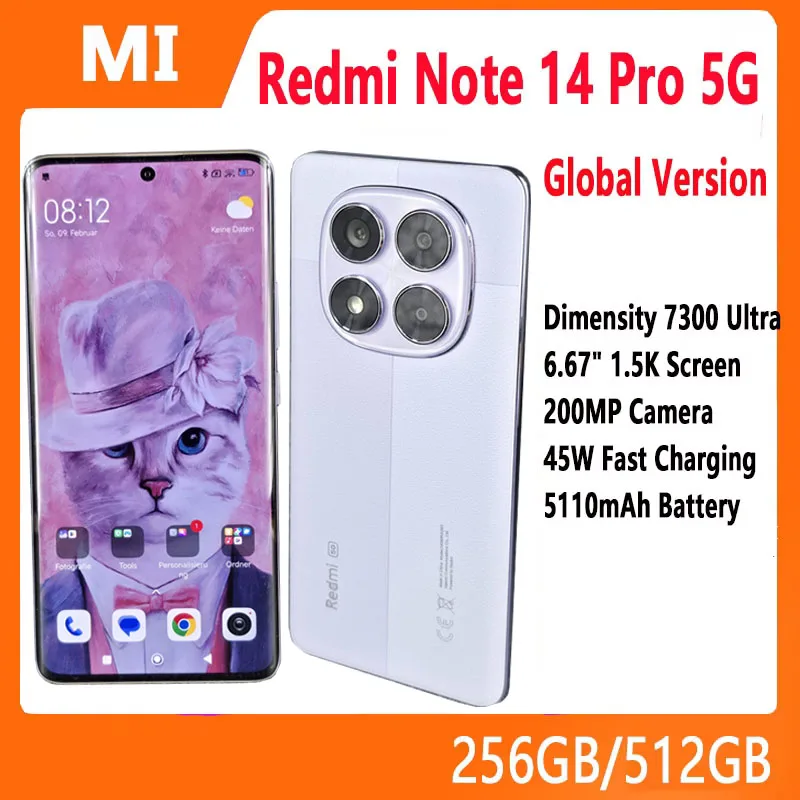 الإصدار العالمي من كاميرا Xiaomi Redmi Note 14 Pro 5G MediaTek Dimensity 7300-Ultra 200MP بقدرة 5110 مللي أمبير في الساعة 6.67 بوصة AMOLED 45 وات الذكية