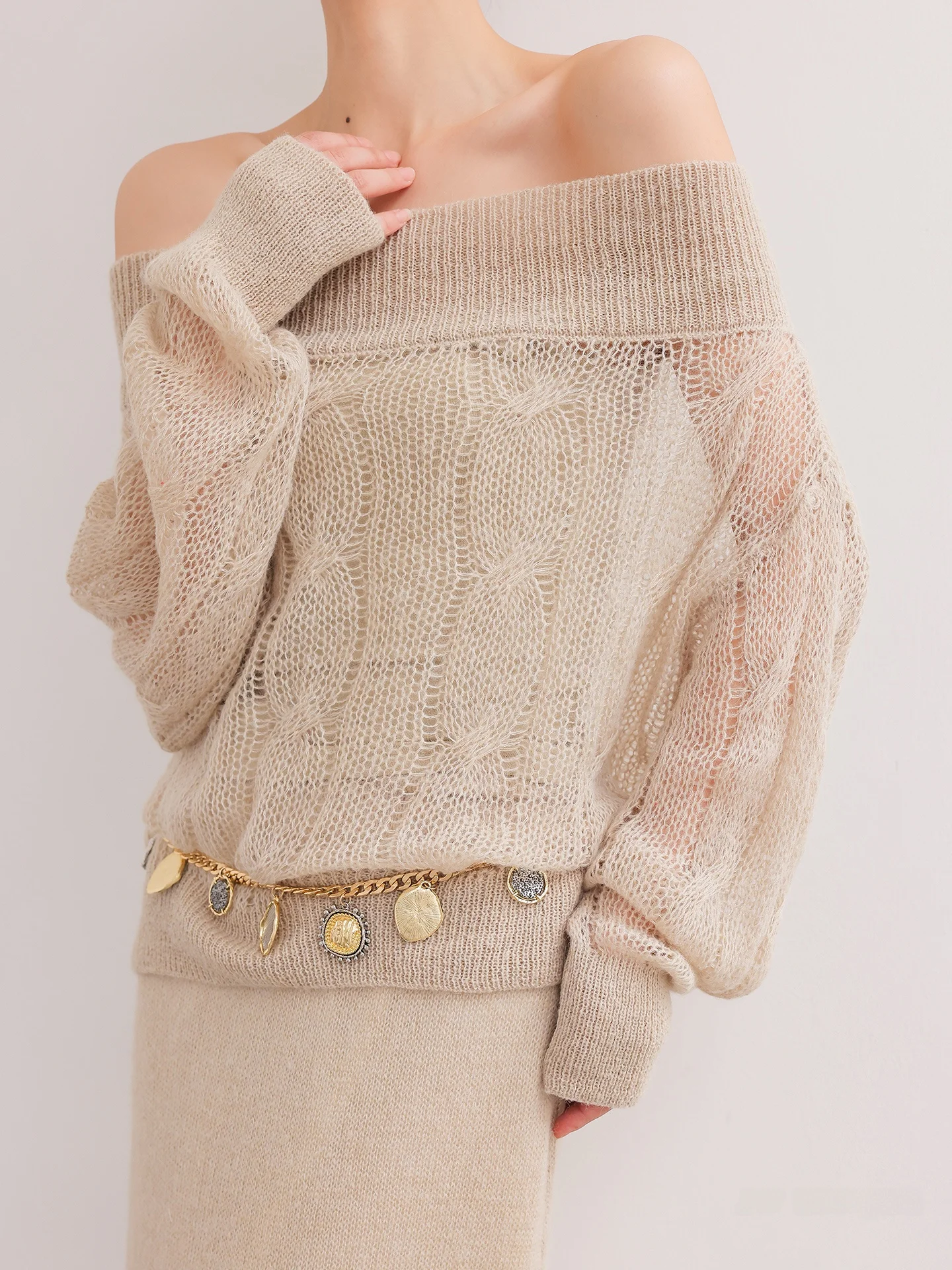 

JWUNIQUE Velvet Foggy Sensation Knitted Set One oulder Dra Skirt Long Sve Winter Collection Faionable Women Outfits