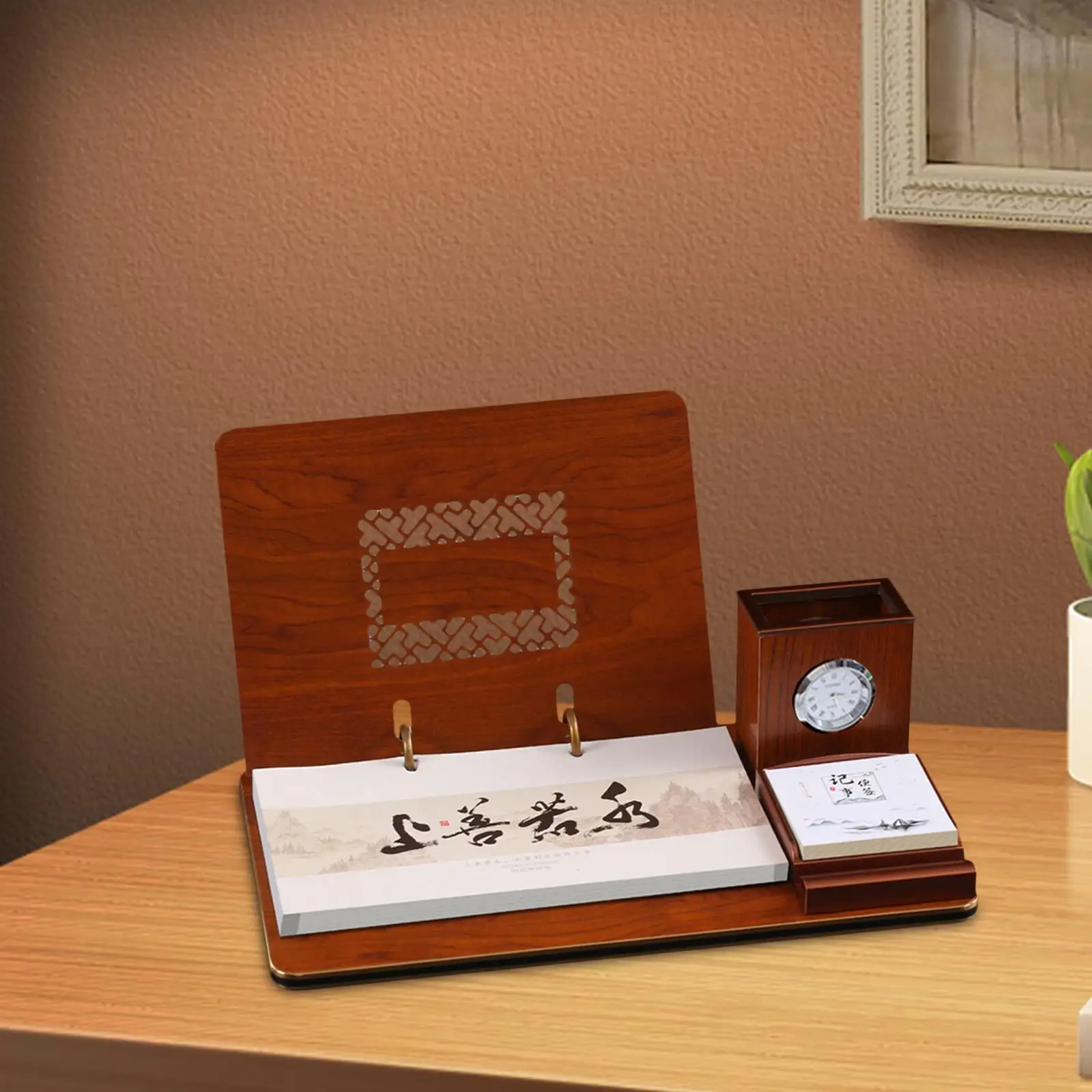 2024 Desk Calendar with Pen Holder Note Clock Desktop Calendar Memo Pages Organizing and Planning for Tabletop New Year Business