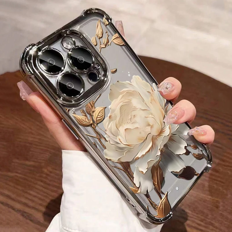 For Samsung S24 A55 5G S25 Ultra Case Elegant Golden Lotus Flower Plating Airbag Phone Case for Galaxy S23 S22 S21FE A36 A35 A54 - náhled 4