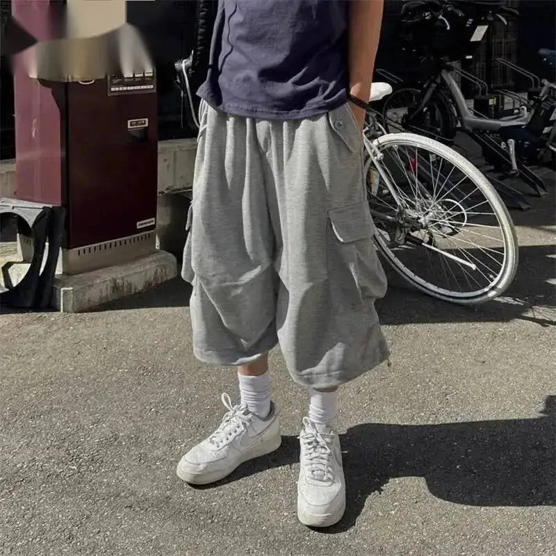 Men's Relaxed Fit Workwear Cropped Wide Leg Pants Summer Loose Casual OvertheKnee Shorts Korean Style Outfit Bottoms 9XZA2O
